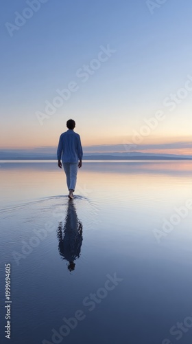 Person walks across calm water surface reflecting sunset sky at twilight