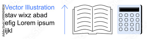 Education, calculation, technology, knowledge sharing, graphic design, learning resources. Open book, calculator and sample text arranged side by side. Education and calculation concept