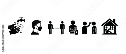 Health and Safety Icons Set: Social Distancing, Hand Washing, Face Mask and Temperature Check for Pandemic Prevention Protocols, Medical Hygiene and Public Wellness Awareness Infographic Vector Graphi