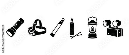Lighting Equipment Icons Set: Flashlight, Headlamp, Glow Stick, Candle, Lantern, and Emergency Light for Camping, Hiking, Power Outage, Survival Gear, and Outdoor Recreation Activities in Flat Vector