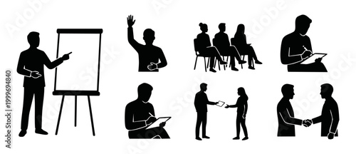 Business People Silhouettes Set, Professional Office Meeting and Presentation Icons, Corporate Communication and Collaboration Concept on White Background, Training Seminar and Teamwork Graphic Elemen