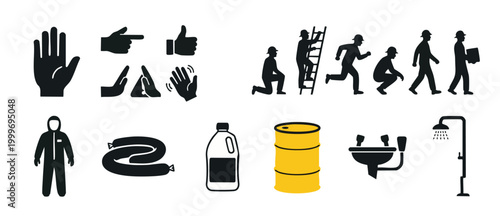 Industrial Safety Icons Set, Occupational Health and PPE Symbols, Construction Workers and Hazardous Material Handling Equipment Vector Illustrations for Workplace Compliance and Safety Management Sig