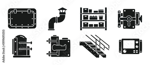 Industrial Equipment Icons Set, Factory Infrastructure and Mechanical Components, Metal Parts, Warehouse Storage, Marine Ventilation, Technical Blueprint Symbols for Engineering, Manufacturing and Log