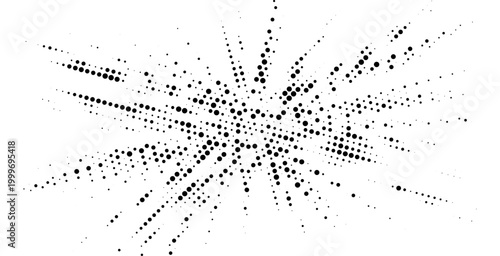 Radial halftone dot network with expanding particle structure, abstract monochrome background for data visualization, connections, and digital technology