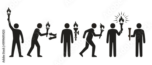 Torch bearer icon set, people holding flaming torches for success and leadership concepts, business vision symbol vector collection, isolated black pictograms on white background for design and web us