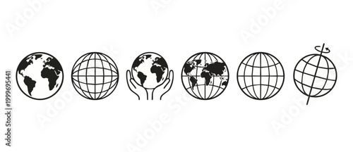 Earth Globe Icon Set Collection, Minimalist Black World Symbols for Global Business, Geography, Ecology and Navigation, Vector Illustrations on White Background for Web Interface and Print Graphics.