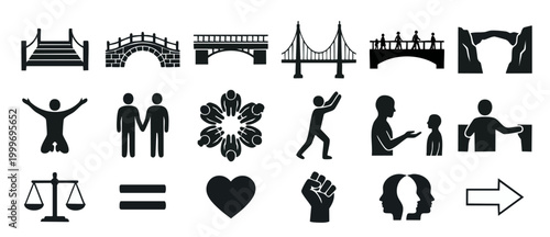 Bridge Icons and Human Social Interaction Symbols Set. Collection of black silhouettes featuring architecture, teamwork, equality, justice, love, and unity concepts for infographic or web interface de