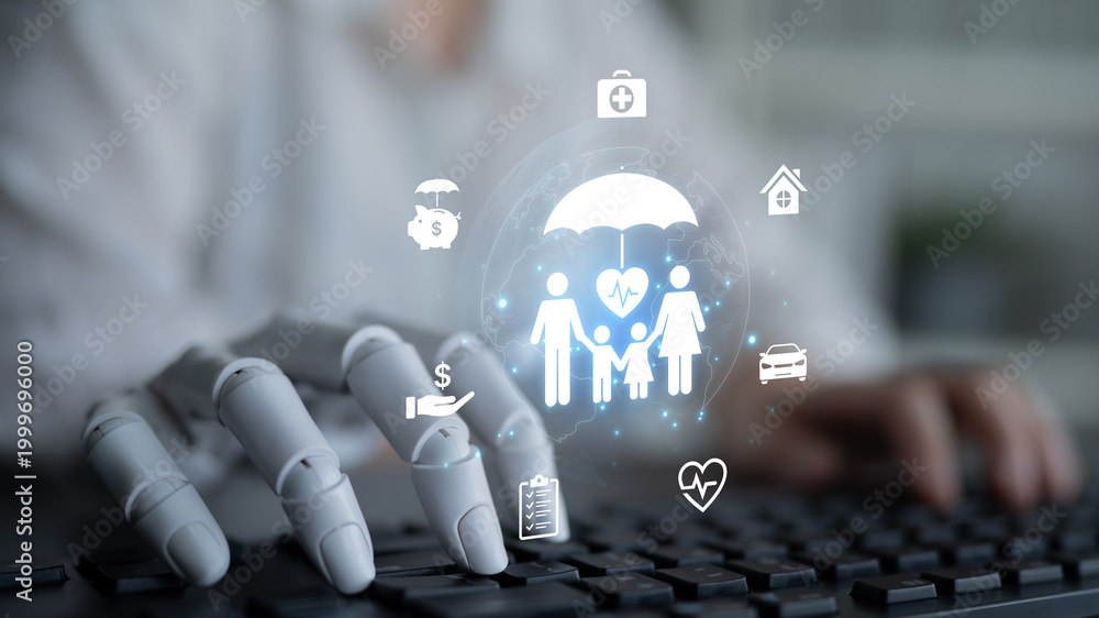 Naklejka premium An AI assistant creates a personalized insurance plan for complete family protection. This smart system assesses risk to provide optimal coverage for health, life, and assets. Fermion