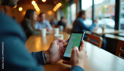 Man holding smartphone with map app active. He sits in coffee shop planning journey. People talk at tables in background. Urban scene observed through window.