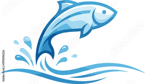 salmon fish jumping out of water with splashes, fishing sport logo and seafood restaurant icon, blue trout or bass mascot on transparent background