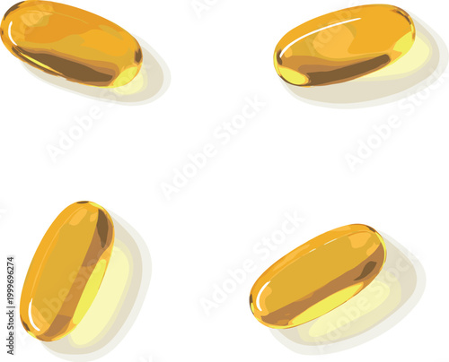 omega 3 fish oil capsules and yellow vitamin supplement pills, golden softgel capsules for health and nutrition, medical dietary supplement on transparent background