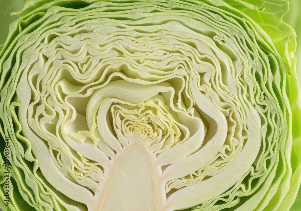 Fototapeta premium Fresh green cabbage cut in half showing internal texture layers