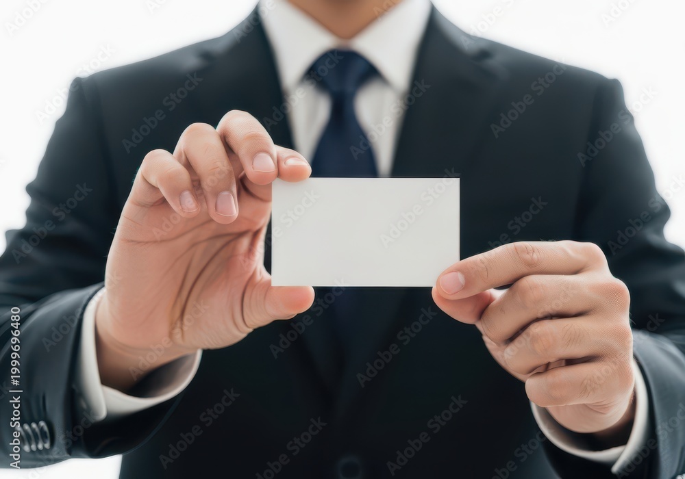 Fototapeta premium Businessman in suit holding a blank white business card for your design