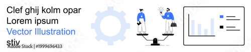 Business analysis, teamwork, productivity, equality, data management, strategic planning. Two people balancing on scales, graph and gear icons nearby. Business analysis and teamwork concept