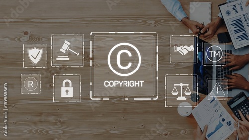 Fotografie Captivating depiction of copyright symbols alongside business tools in a modern workspace, emphasizing the importance of intellectual property and legal protection