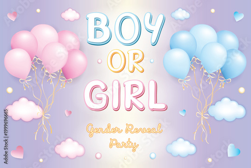 Boy or girl gender reveal party, vector illustration with the words boy or girl and a bunch of pink and blue balloons on a purple background with hearts and clouds, eazy to edit