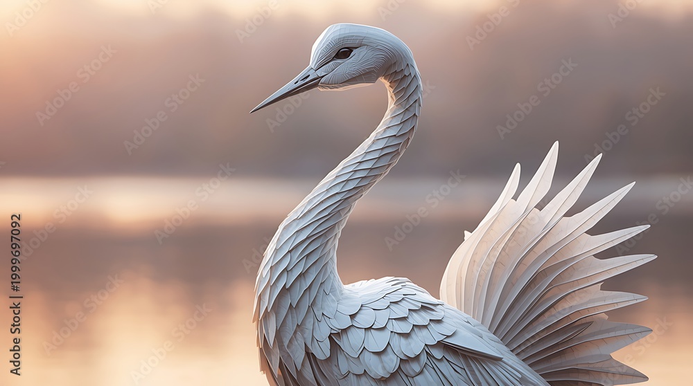 Fototapeta premium Elegant paper crane sculpture at sunrise by the water's edge