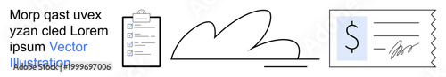 Business processes, organizational tools, graphical design, signing documents, document checklist, abstract thinking. Visual includes a clipboard checklist, a signature document, and abstract design