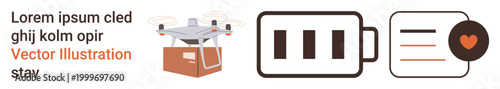 Logistics, technology, healthcare, remote delivery, energy efficiency, modern connectivity. quadcopter carrying a package, battery icon and heart symbol. Logistics and technology innovation