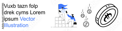 Cryptocurrency, digital finance, investment, money management, blockchain, savings. People stacking blocks with coins falling. Cryptocurrency and digital finance