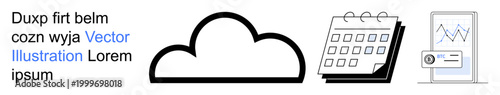 Cloud technology, data management, business planning, analytics, cybersecurity, information exchange. A cloud, calendar chart and ID card. Cloud technology and data management concept