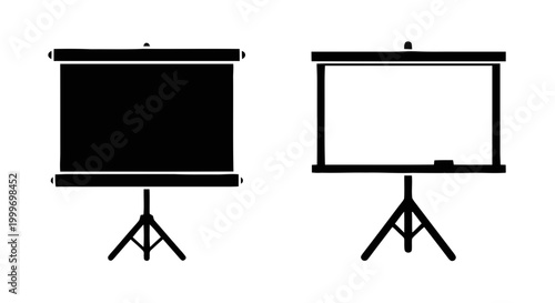 Vector illustration of set of projection screen and whiteboard icons on tripod stands on a transparent background