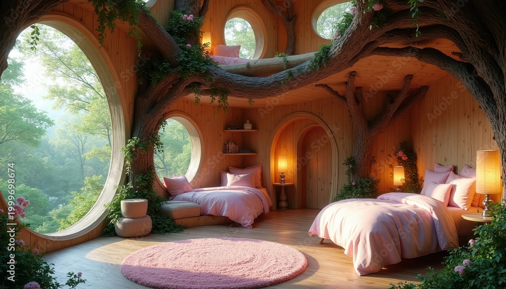 Fototapeta premium Whimsical fairytale treehouse bedroom with pink bedding. Organic wood interior features round windows and nature views. Magical children room design blends fantasy and cozy living.