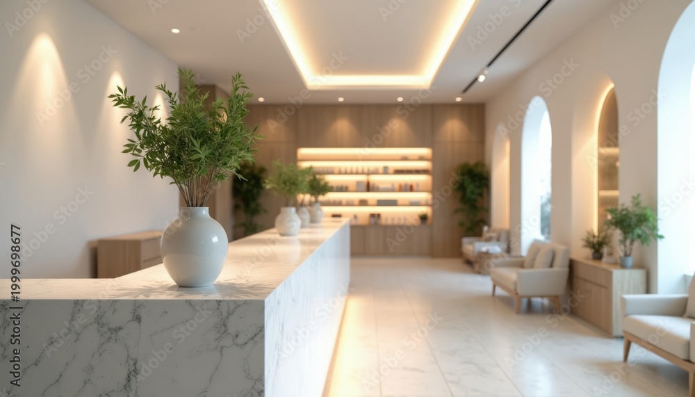 Fototapeta premium Modern cosmetic clinic reception area with plants and soft lighting. Shelves stocked with products behind counter. Waiting area with sofas and natural wood accents.
