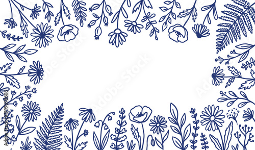 Blue ink botanical frame featuring hand drawn wildflowers and fern leaves on white paper