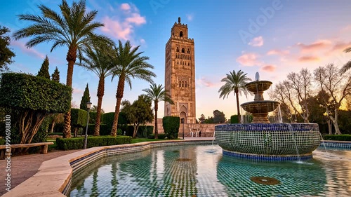Koutoubia Mosque minaret and tiled fountain at sunset in Marrakech