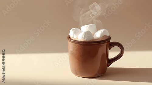 Steaming hot chocolate with fluffy marshmallows in a cozy brown mug