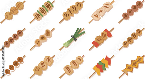Bild auf Leinwand Assorted Japanese Yakitori Skewers on White Background