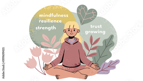 Illustration of a blonde girl meditating with flowers and mindfulness text bubbles.