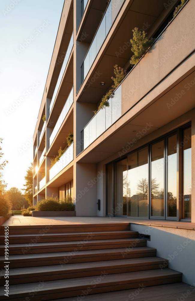 Fototapeta premium Modern apartment complex exterior with balconies and glass doors. Sunny day illuminates building facade with wooden stpic leading to entrance. Green plants grow on terraces.