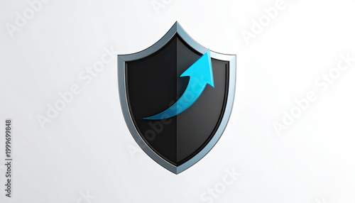3D Render of a Shield with a Blue Upward Arrow symbolizing growth security and progress