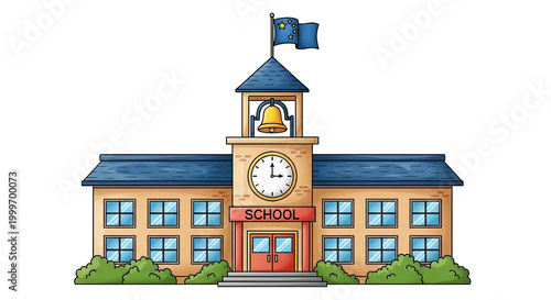 Cartoon school building with clock tower bell and flag educational architecture illustration