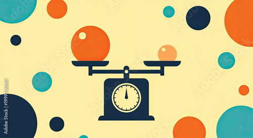 Vintage scale weighing a large orange ball against a small one abstract circles background