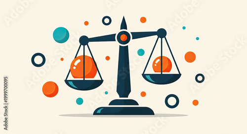 Stylized illustration of a balanced scale with orange spheres representing fairness and justice on a light background