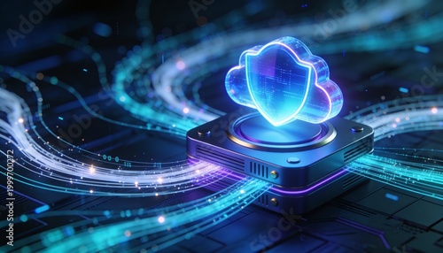 Secure cloud storage protected by digital shield and encrypted data streams, cybersecurity protection for online backup systems and modern cloud computing infrastructure	