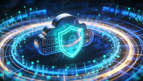 Secure cloud storage protected by digital shield and encrypted data streams, cybersecurity protection for online backup systems and modern cloud computing infrastructure	