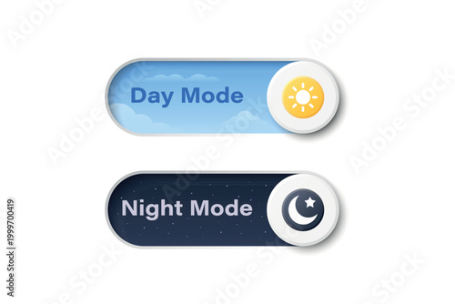 Vector 3d Day Mode and Night Mode Toggle Switch Set. Light and Dark Theme UI Buttons with Sun and Moon Icons. App Interface Control Element for Web and Mobile Design