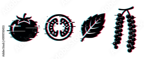 Tomato, sliced tomato, leaf, and berries with a modern digital glitch effect, representing fresh produce and healthy eating.