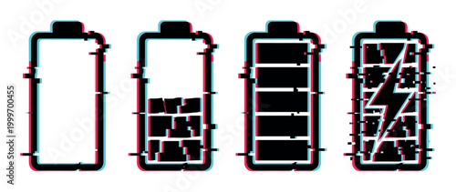 Glitch effect battery icons showing different charge levels, from empty to full and charging, representing digital power status.