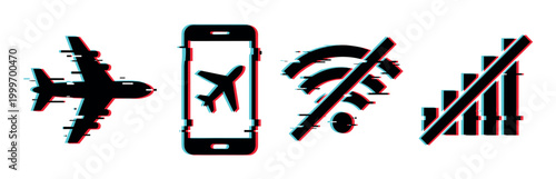 Airplane mode and no connectivity icons featuring a modern digital glitch effect, symbolizing communication issues and travel restrictions.