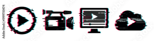 Digital video icons with glitch effect representing media streaming, online content, and broadcast technology.
