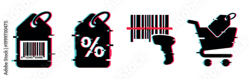 Shopping retail icons with glitch effect including price tags, barcode scanner, and shopping cart for modern commerce and digital marketing.