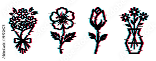 Glitch flowers and floral designs with digital error effect, including a bouquet, single bloom, bud, and vase arrangement.