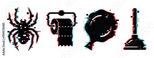 Spider, toilet paper, speech bubble, and plunger icons with a modern digital glitch effect.