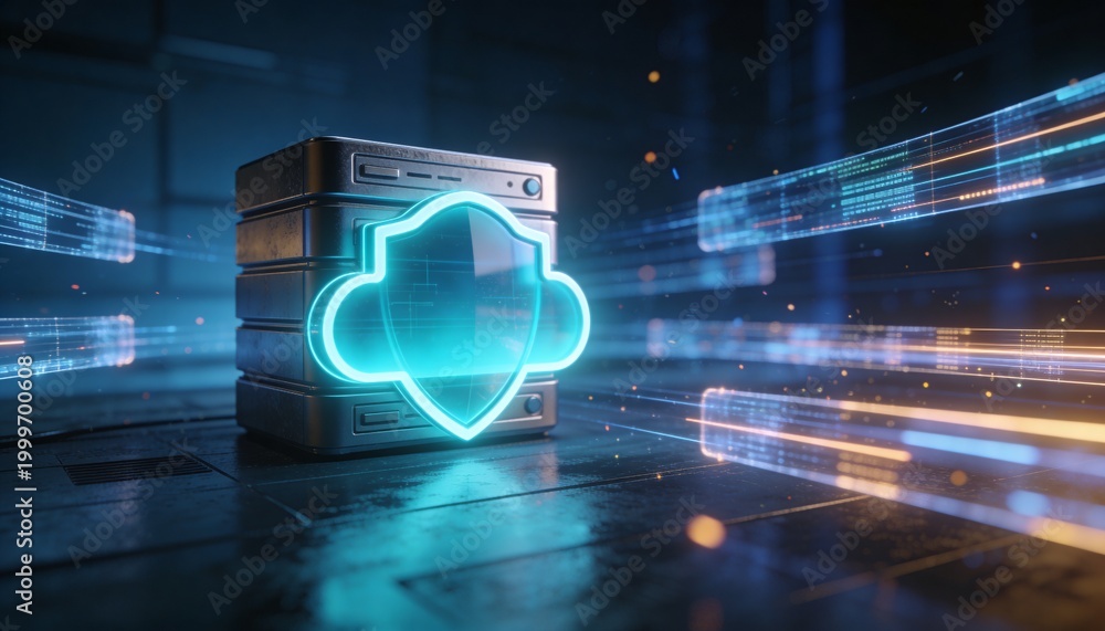 Fototapeta premium Secure cloud storage protected by digital shield and encrypted data streams, cybersecurity protection for online backup systems and modern cloud computing infrastructure 