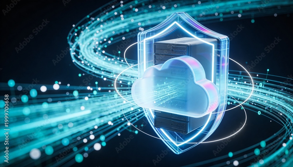 Fototapeta premium Secure cloud storage protected by digital shield and encrypted data streams, cybersecurity protection for online backup systems and modern cloud computing infrastructure 